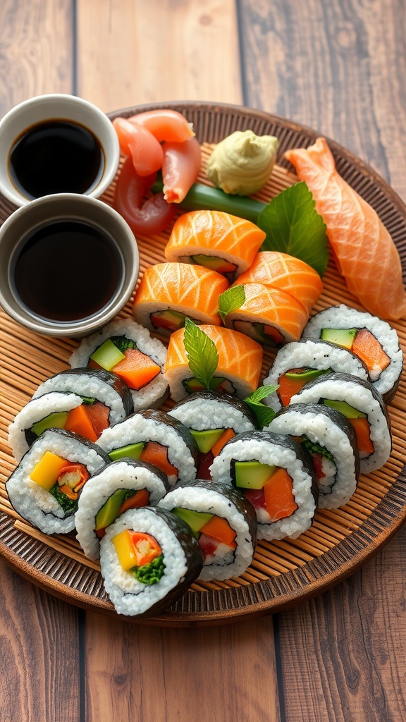 Delicious Homemade Sushi Rolls Recipe A colorful platter of homemade sushi rolls with vegetables and fish, served with soy sauce and garnishes.
